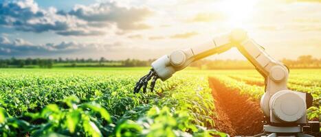A robotic arm tending to crops in a sunlit agricultural field, symbolizing the future of farming technology. photo