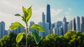 A green sprout stands in the foreground with a city skyline in the background, symbolizing growth and nature amidst urban life. photo