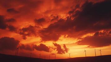 Dramatic sunset with vibrant orange and purple clouds, silhouetting wind turbines against the horizon. photo