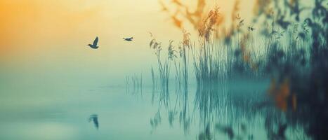 A serene landscape featuring birds flying over a reflective water surface, surrounded by soft grasses and warm hues of sunrise or sunset. photo