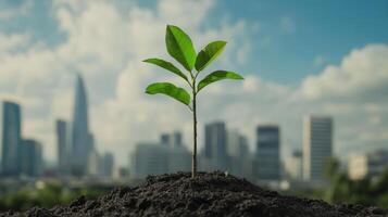 A small green plant grows from dark soil against a blurred city skyline, symbolizing nature's resilience in an urban environment. photo