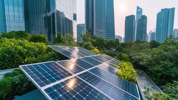 Solar panels integrated into a green urban landscape, surrounded by modern skyscrapers, showcasing renewable energy in a city environment. photo
