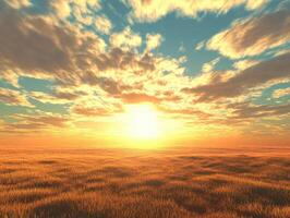 Vibrant sunset over golden fields, with dramatic clouds illuminating the sky, creating a serene and picturesque landscape. photo