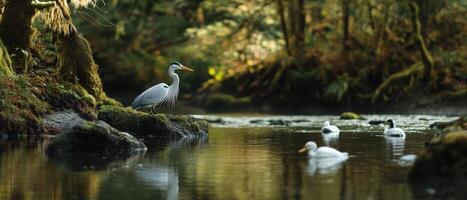 A serene river scene featuring a heron and ducks surrounded by lush green foliage. photo