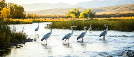 Five herons wade through a tranquil river surrounded by lush greenery and distant mountains under soft sunlight. photo
