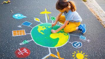 A child draws a colorful Earth surrounded by symbols of sustainability on pavement, promoting environmental awareness and creativity. photo