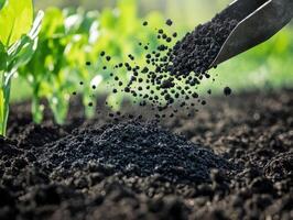 Close-up of hands pouring black soil onto a garden bed with green plants in the background, emphasizing gardening and soil health. photo