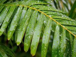 Lush green palm leaves covered in raindrops, showcasing nature's beauty and freshness in a tropical setting. photo