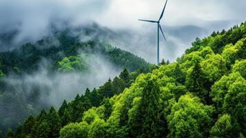 Lush green hills surround a wind turbine, shrouded in mist, representing renewable energy and nature's harmony. photo