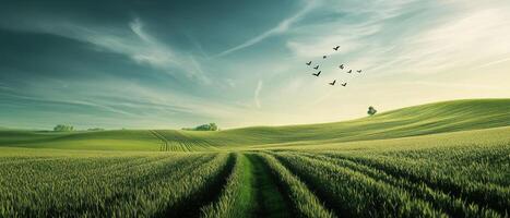 Lush green fields under a serene sky with gentle hills and scattered clouds, creating a tranquil landscape. photo
