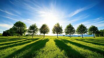 A serene landscape featuring a row of trees bathed in sunlight, casting long shadows on vibrant green grass under a clear blue sky. photo
