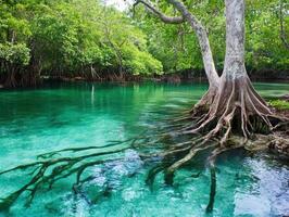 Lush green mangrove tree roots extending into clear turquoise water, surrounded by vibrant foliage and tranquil natural beauty. photo