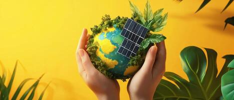 A pair of hands holds a small, green globe surrounded by plants, featuring solar panels, against a bright yellow background, symbolizing sustainability. photo