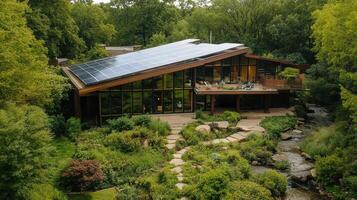 Modern house with solar panels surrounded by lush greenery and a serene landscape, blending architecture with nature. photo
