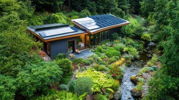 A modern home surrounded by lush greenery and a stream, featuring solar panels and a beautifully landscaped garden. photo