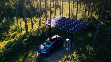 A solar-powered charging station for an electric car surrounded by lush green trees in a serene forest setting. photo