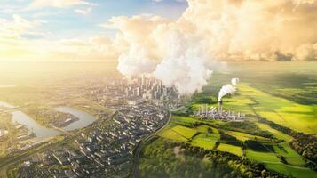 Aerial view of a city with industrial smoke rising against a backdrop of green fields and dramatic clouds, symbolizing urbanization and environmental impact. photo