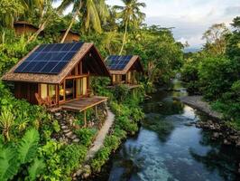 Two eco-friendly cabins with solar panels are nestled along a lush riverbank surrounded by tropical greenery and palm trees. photo
