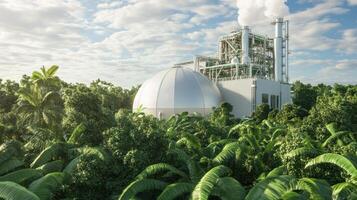 A modern industrial facility surrounded by lush greenery, showcasing a blend of technology and nature under a cloudy sky. photo