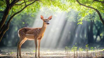A young deer stands gracefully in a sunlit forest, surrounded by soft light filtering through lush green leaves. photo