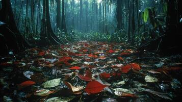 Lush forest floor covered in vibrant red and green leaves, surrounded by tall trees and dappled sunlight streaming through the canopy. photo