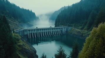 A serene dam surrounded by misty forests and calm waters, highlighting the harmony between nature and engineering. photo