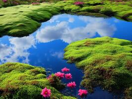 A serene landscape featuring a reflective pond surrounded by lush green moss and vibrant pink flowers under a blue sky with clouds. photo