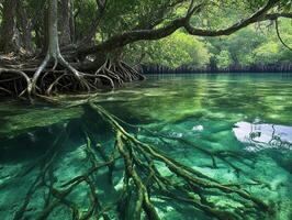 Lush mangrove trees with exposed roots reflected in clear water create a serene, natural landscape in this tranquil setting. photo