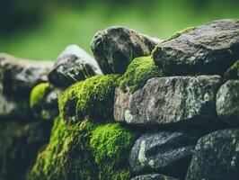 Moss-covered stones create a natural and textured landscape, showcasing the beauty of nature's elements in a serene setting. photo