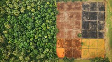 Aerial view showing a lush green forest on one side and organized agricultural plots in various colors on the other. photo