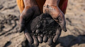 Hands holding black soil, showcasing human connection with nature and the earth. photo