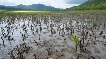 Lush mangrove landscape with sprouting plants, shallow water, and distant mountains under a cloudy sky. photo