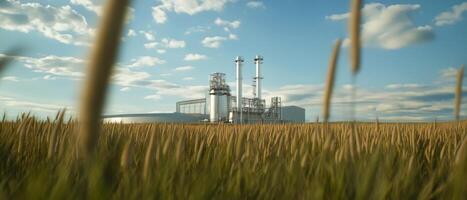 A factory is visible in a field of tall grass under a blue sky with scattered clouds, showcasing industrial and natural elements. photo