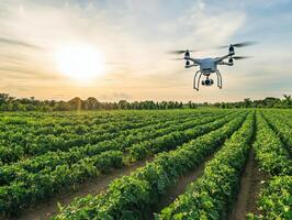 A drone hovers over a lush green vineyard during sunset, showcasing modern agricultural technology in action. photo