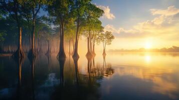 A serene sunrise over calm waters, featuring lush trees reflecting on the surface, creating a tranquil and picturesque natural scene. photo