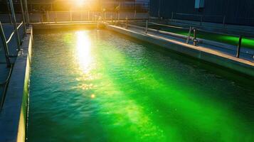 A serene water pool illuminated by sunlight, showcasing vibrant green hues and reflections in a tranquil setting. photo