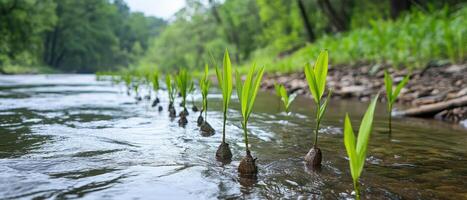 Green shoots emerging from muddy riverbanks, surrounded by lush vegetation, creating a serene and natural scene. photo