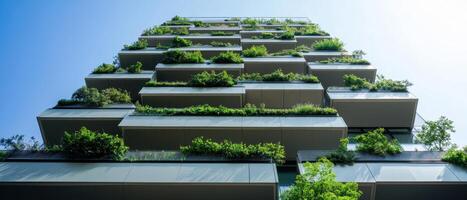 Modern building covered with greenery, showcasing an eco-friendly architecture design against a clear blue sky. photo