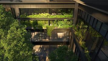 Modern architectural design featuring lush greenery and open spaces, showcasing a sustainable urban environment. photo
