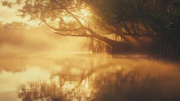 Serene sunrise over a misty river, framed by silhouetted trees, creating a tranquil and atmospheric landscape scene. photo