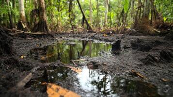 A tranquil forest scene featuring a puddle surrounded by lush greenery and earthy textures. photo