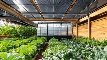 Indoor greenhouse filled with vibrant green vegetables under a transparent roof, showcasing sustainable gardening practices. photo