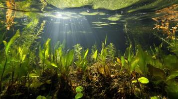 Beneath the water, vibrant aquatic plants thrive under beams of sunlight, creating a serene and tranquil underwater landscape. photo