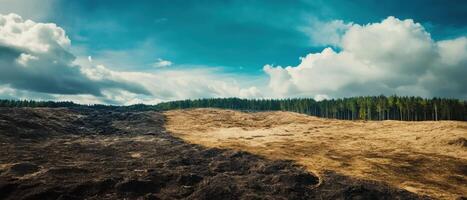 A panoramic view of a barren landscape juxtaposed with lush greenery and a vibrant sky, showcasing contrasting natural elements. photo