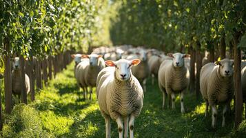 A serene scene of sheep grazing in a lush green orchard, with trees lined up, creating a peaceful rural atmosphere. photo