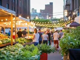 A vibrant farmers market scene with fresh produce, people browsing, and string lights creating a lively atmosphere in an urban setting. photo