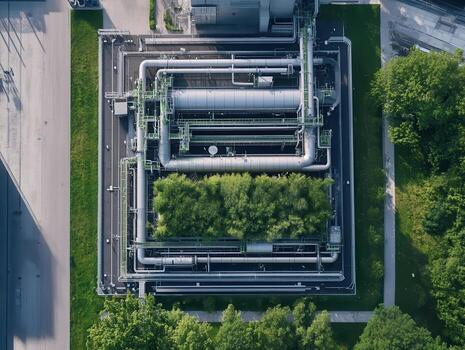 Aerial view of industrial pipes surrounding greenery, showcasing a blend of technology and nature in an urban environment. photo