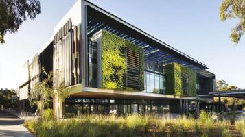 A modern building featuring a green facade, large windows, and an eco-friendly design, surrounded by landscaped greenery. photo