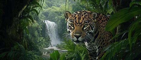 A majestic jaguar peers through lush jungle foliage, with a waterfall cascading in the background, showcasing the beauty of wildlife and nature. photo