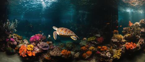 A serene underwater scene featuring a turtle swimming among vibrant coral reefs and colorful marine life. photo